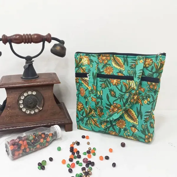 Small Handbag Green Colour with Yellow Leaf Design.