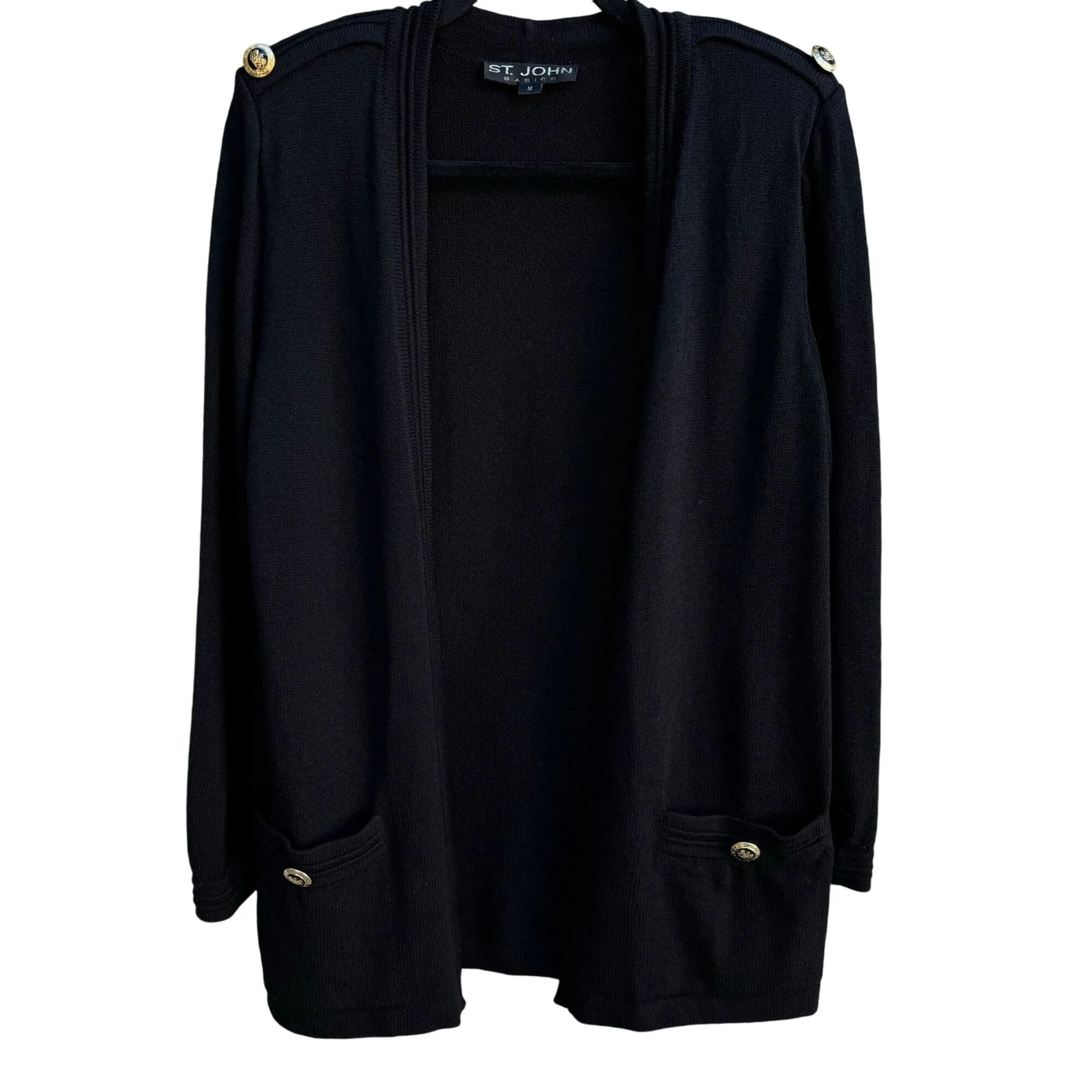 St. John Basics Vintage Women's Black Knit Gold Button Open Front Cardigan - M