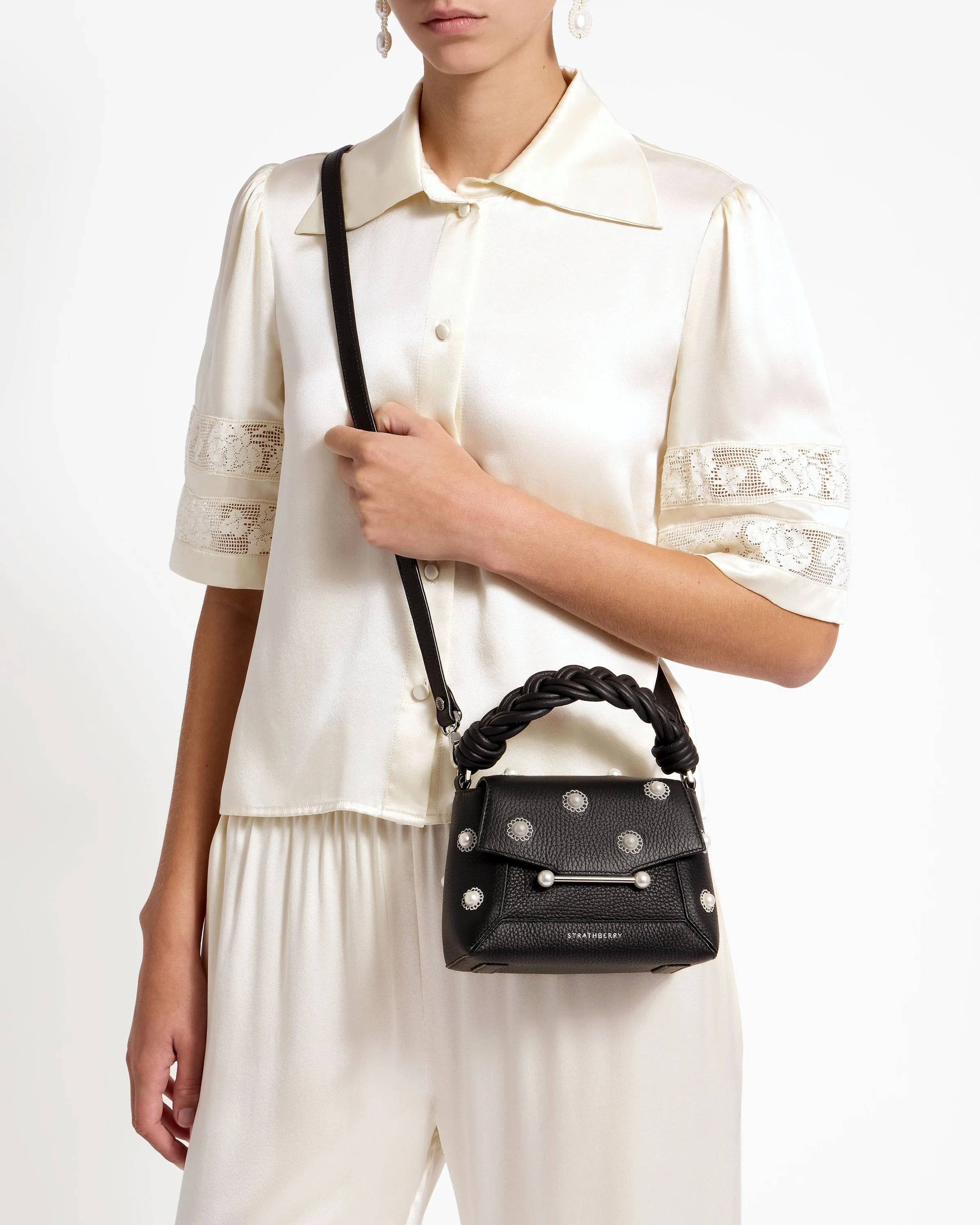 Strathberry x Shrimps Mosaic Nano - Black with Pearl/Embroidery