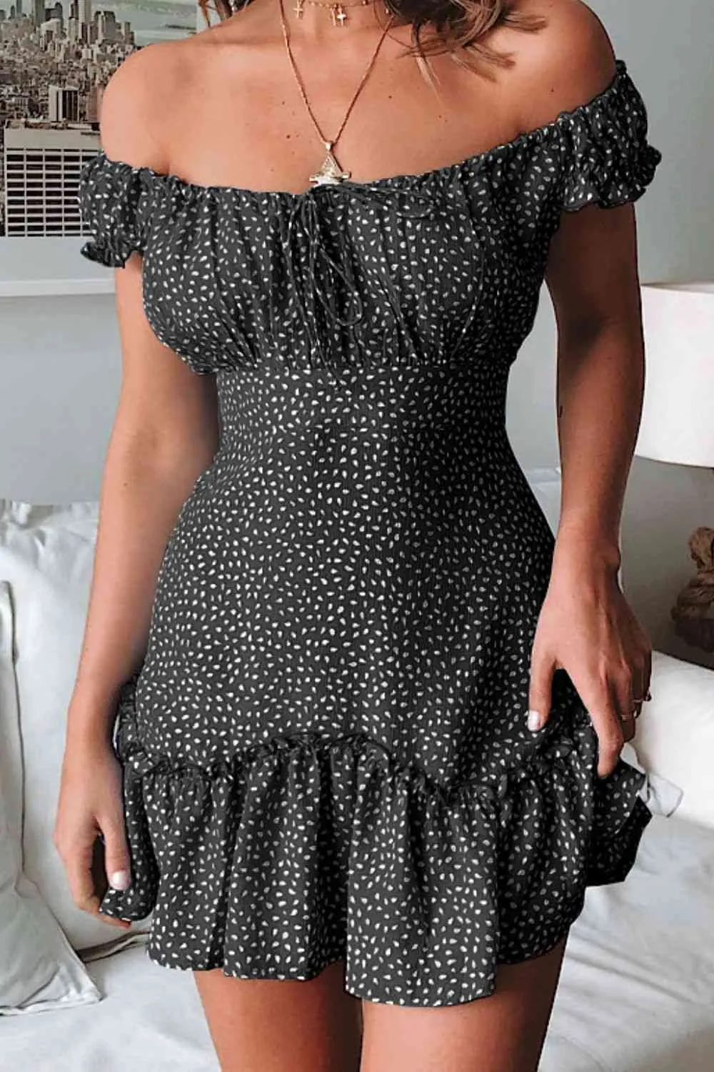TEEK - Black and White Off-Shoulder Ruffle Hem Dress
