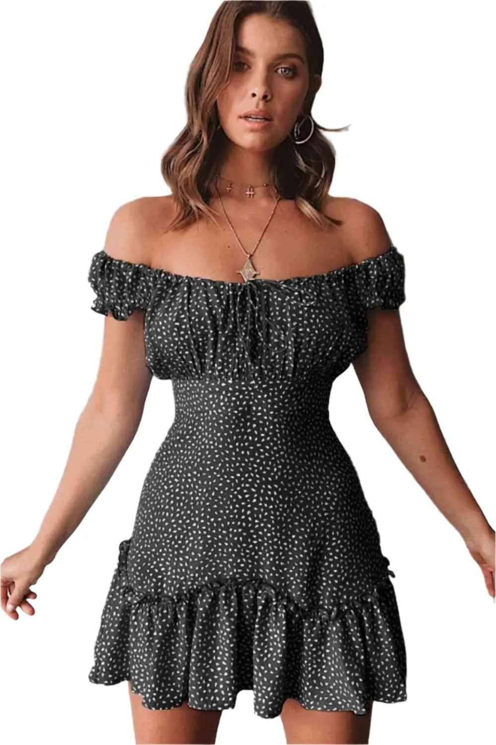 TEEK - Black and White Off-Shoulder Ruffle Hem Dress