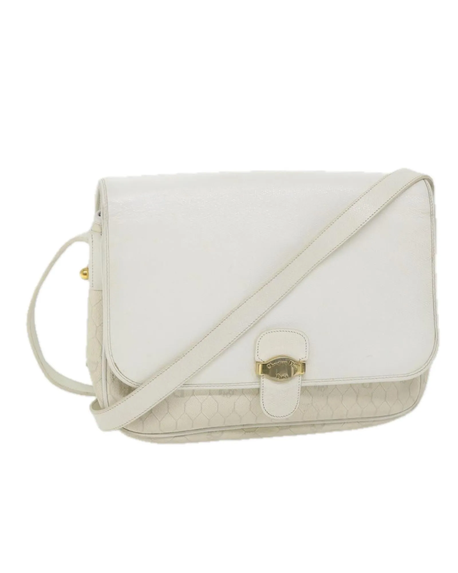 White Honeycomb Canvas Shoulder Bag with Leather Detail