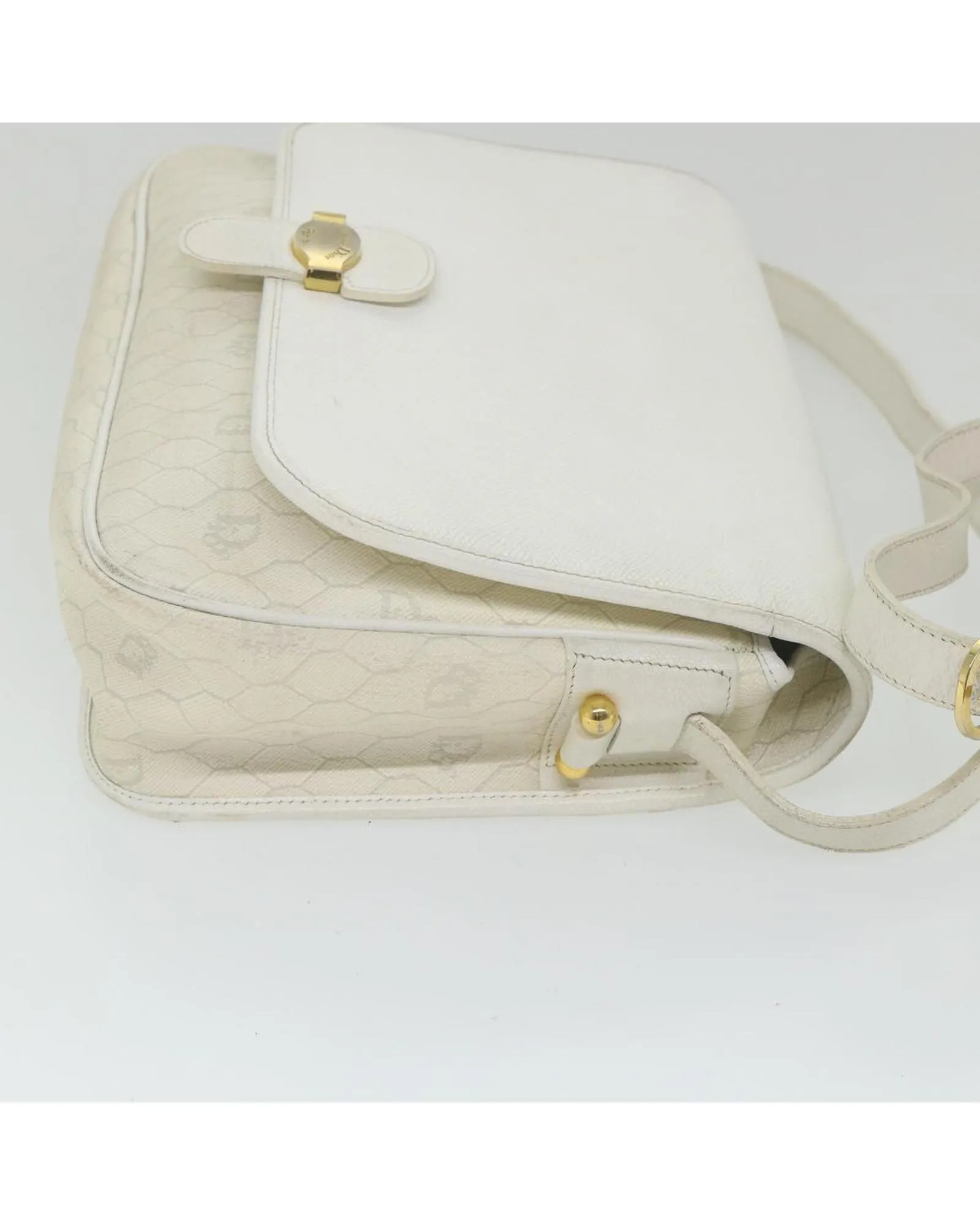 White Honeycomb Canvas Shoulder Bag with Leather Detail