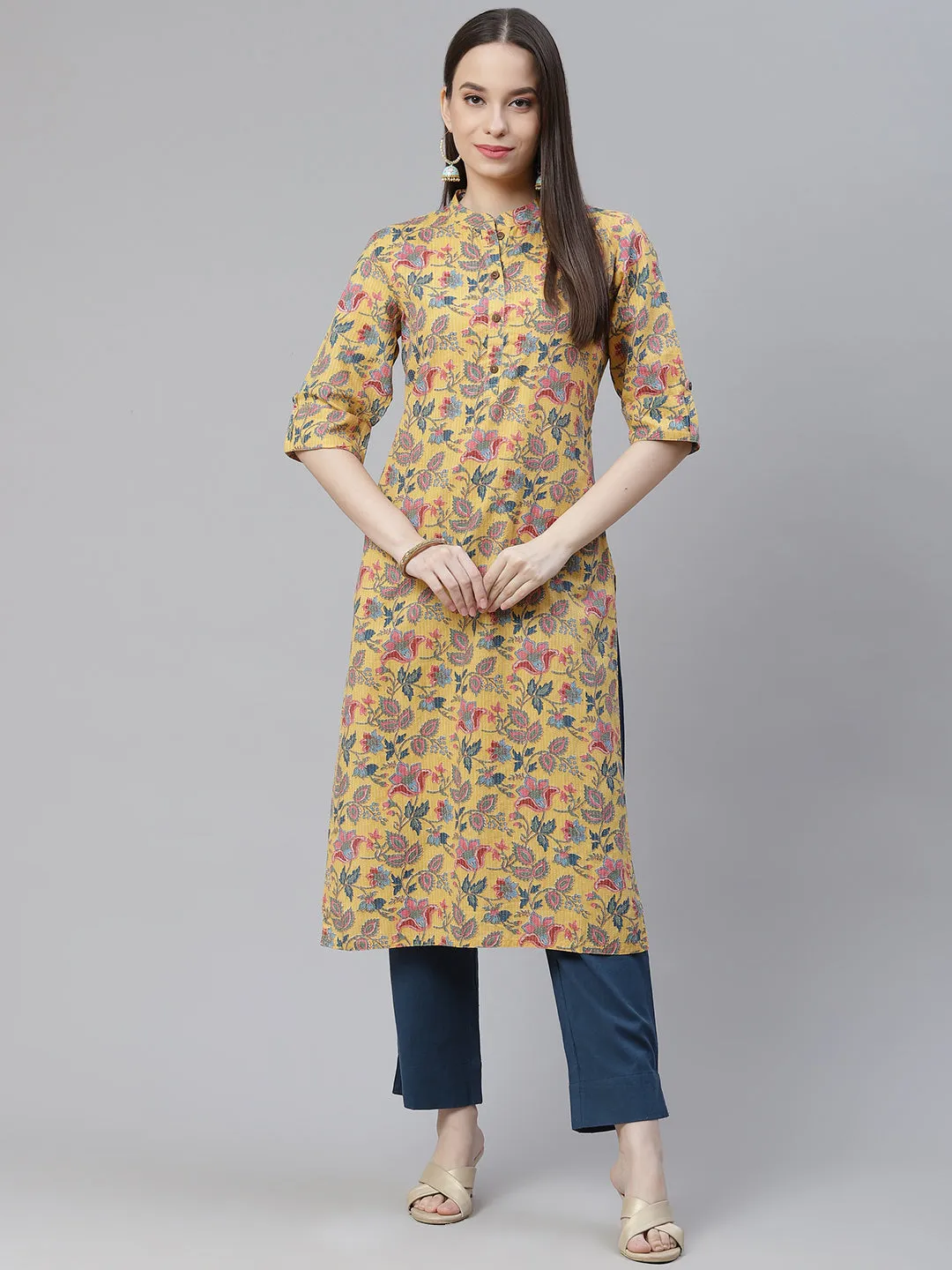 Women'S Yellow Printed Cotton Straight Kurta