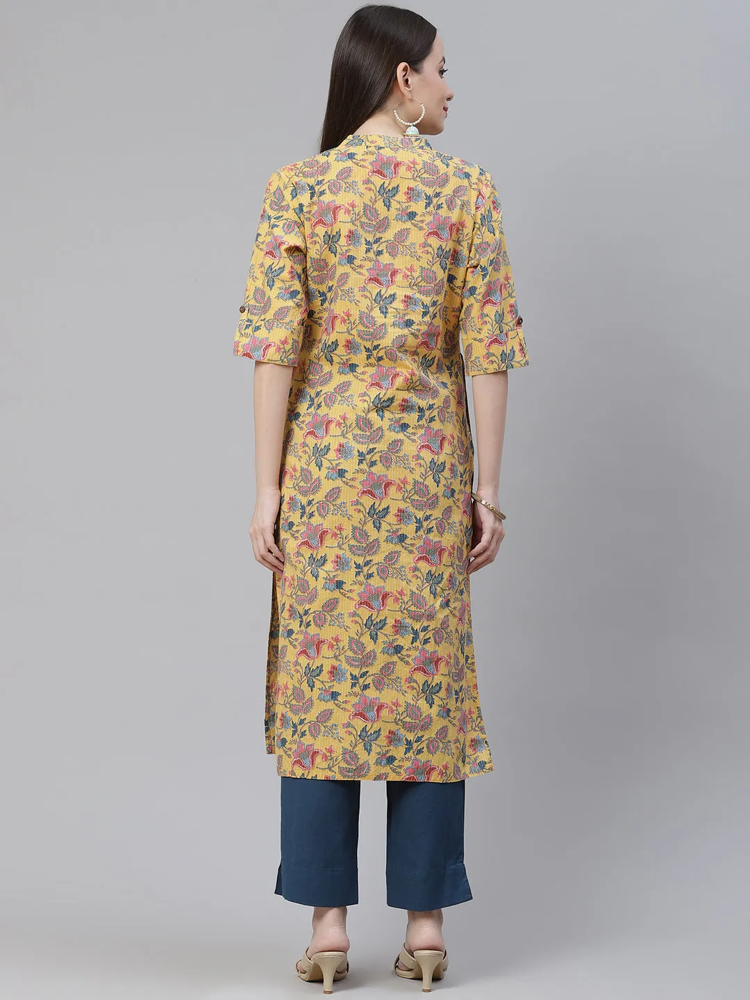 Women'S Yellow Printed Cotton Straight Kurta