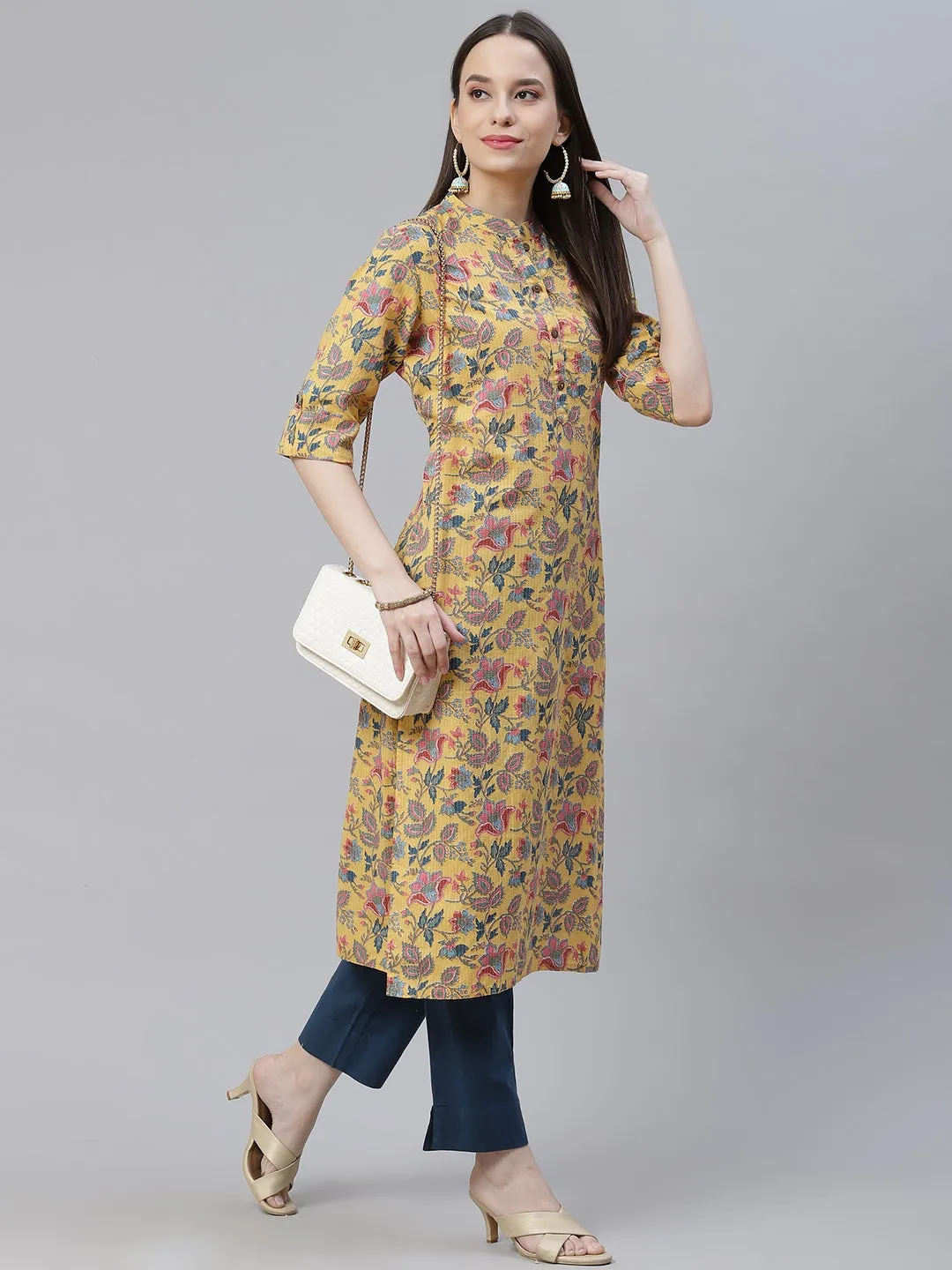 Women'S Yellow Printed Cotton Straight Kurta