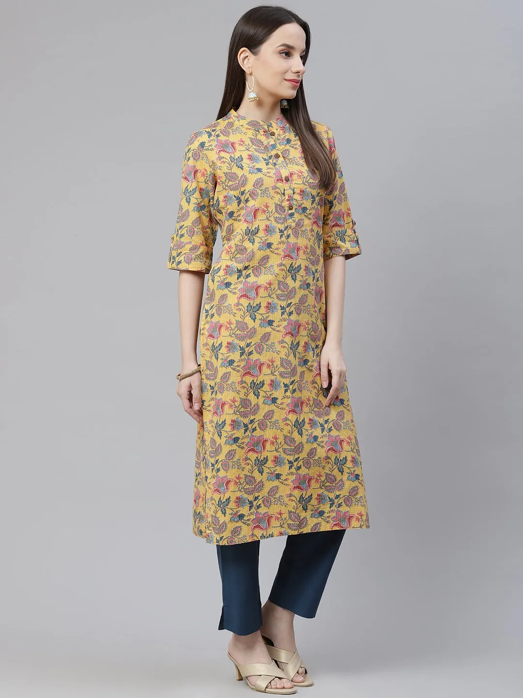 Women'S Yellow Printed Cotton Straight Kurta
