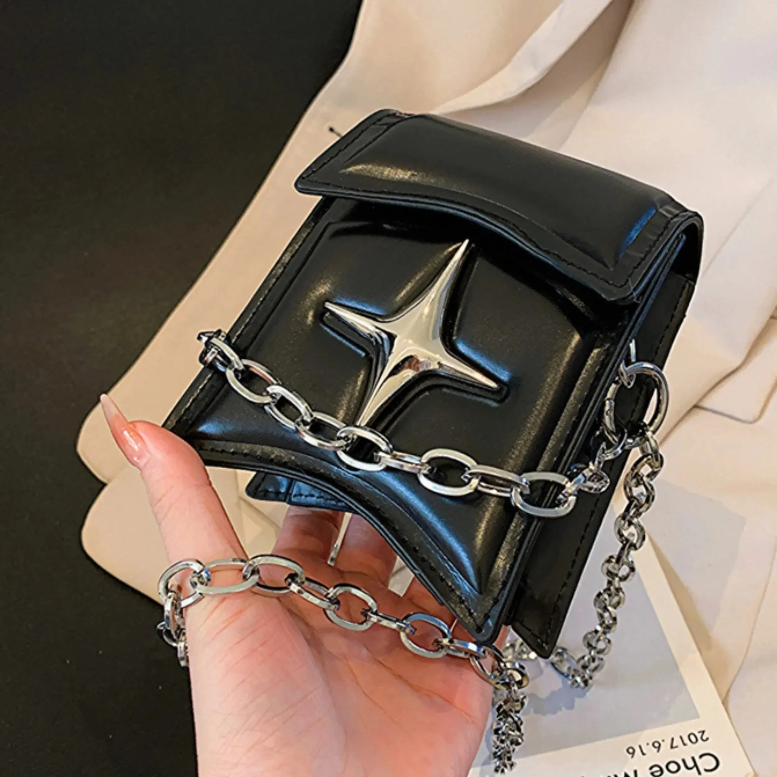Y2K Vintage Korean Chain Small Cross Gothic PU Leather Pink Bag